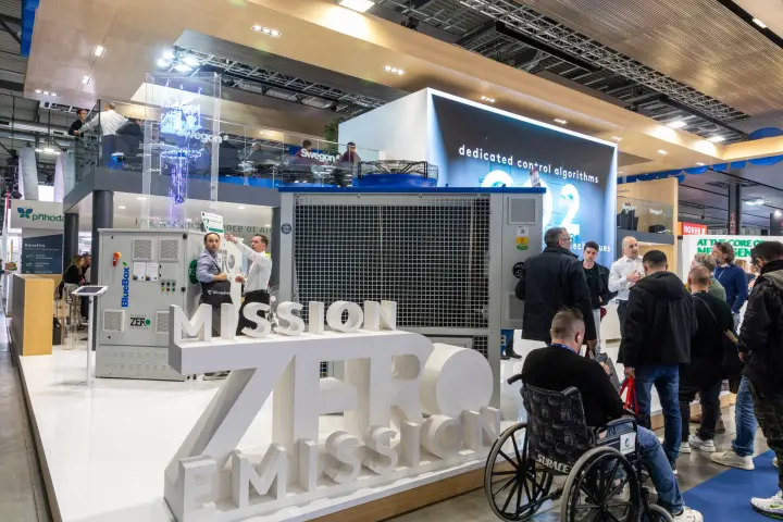Swegon 'Mission Zero Emission' letters in front of BlueBox CO2 units at MCE 2026