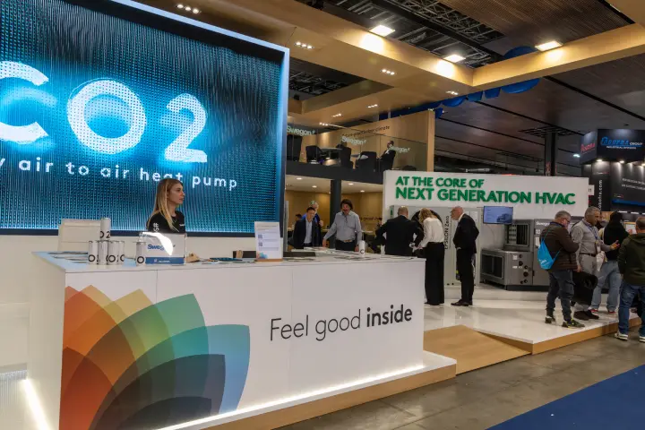Swegon stand with 'Feel good inside' counter and CO2 heat pump LED wall at MCE 2026