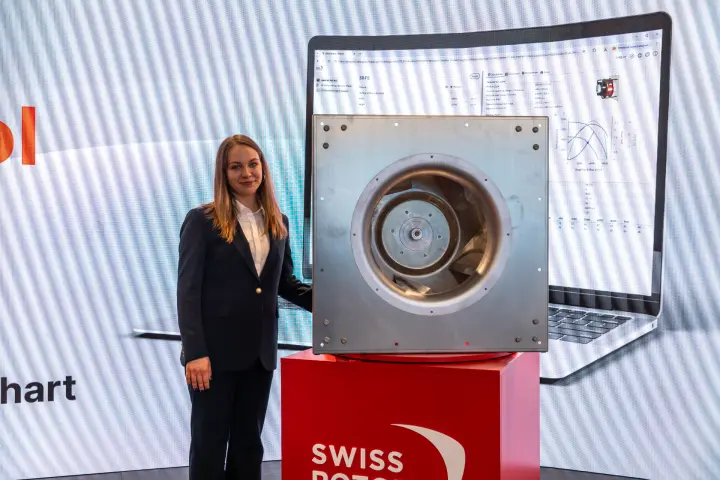 Swiss Rotors plug fan before LED wall showing fan selection software