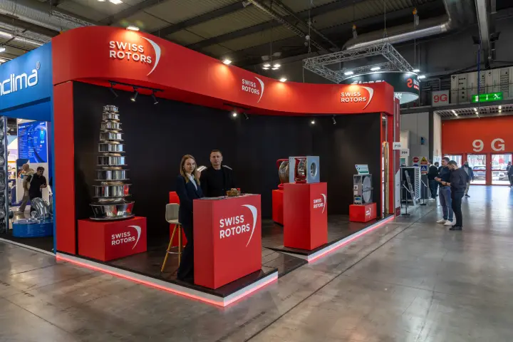 Swiss Rotors stand with dark back wall and red plinths at MCE 2026