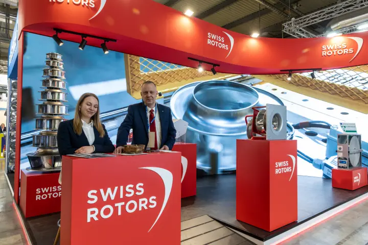 Swiss Rotors stand with LED wall showing a fan inlet cone at MCE 2026