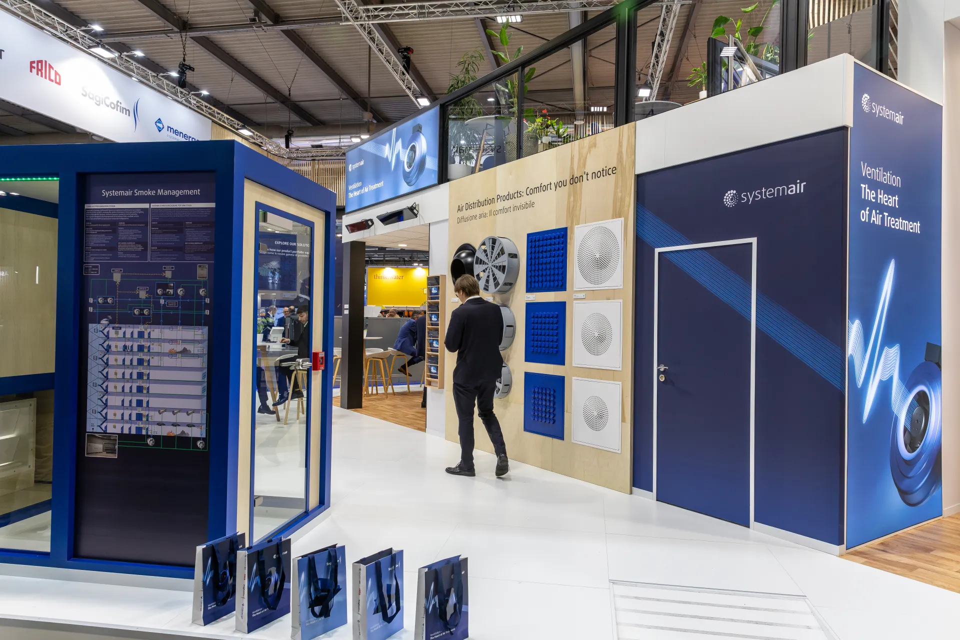 Systemair air distribution wall with diffusers and a smoke management display at MCE 2026