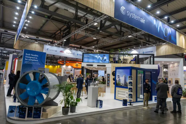 Systemair stand in Hall 9 with a large axial fan and smoke management display at MCE 2026