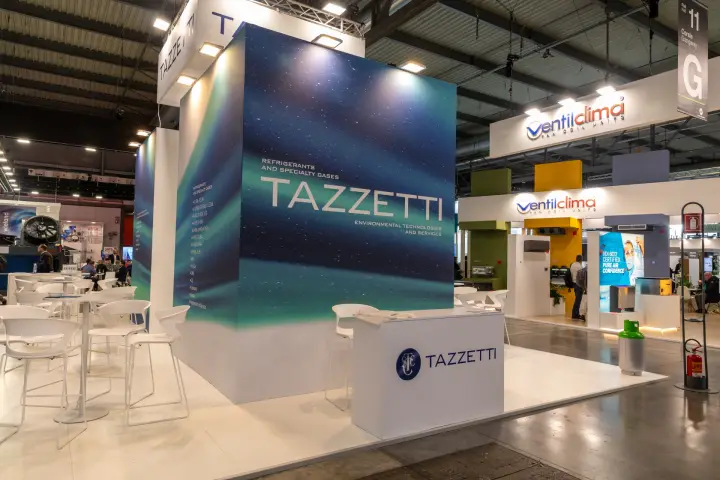 Tazzetti cube reading 'Refrigerants and specialty gases' with counter at MCE 2026