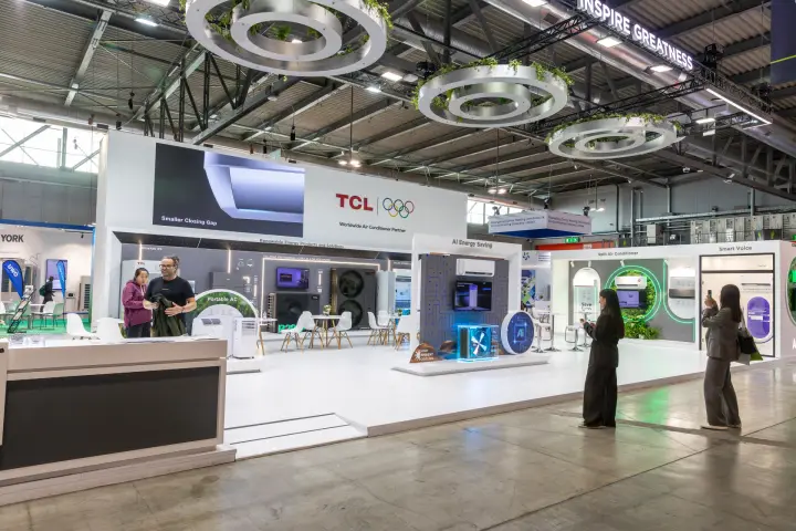 TCL stand with Olympic partner signage and AI Energy Saving display