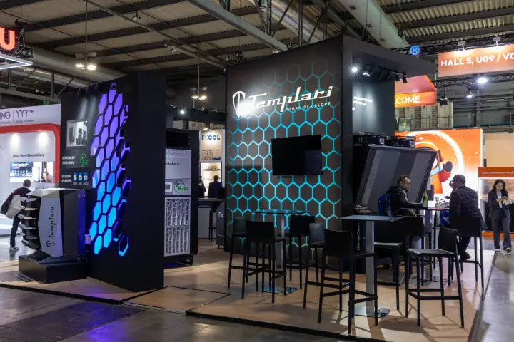 Templari heat pump stand with hexagon lighting and bar seating at MCE 2026
