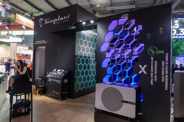 Templari R290 air-to-water heat pump against a backlit hexagon wall at MCE 2026