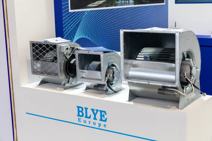 Three Blye Europe double-inlet centrifugal blowers on a white plinth