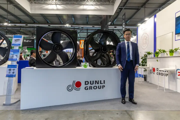 Two black axial fans with "ERP 2026" label on a Dunli Group plinth