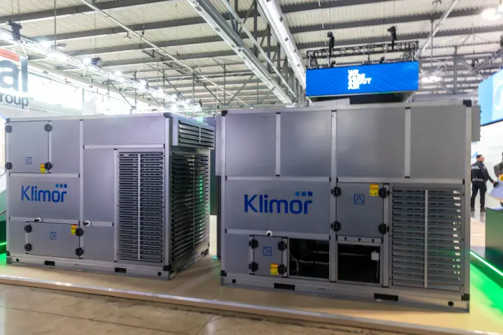 Two Klimor air handling units with louvred sections and open bays at MCE 2026