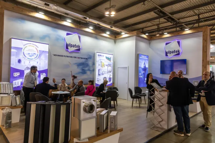 Ulpatek stand with panel filters, filter housing and cleanroom posters at MCE 2026