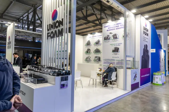 Union Foam side view with Eurobatex range panel and reference list at MCE 2026