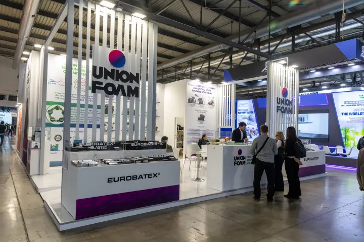 Union Foam stand with Eurobatex insulation samples in display cases at MCE 2026