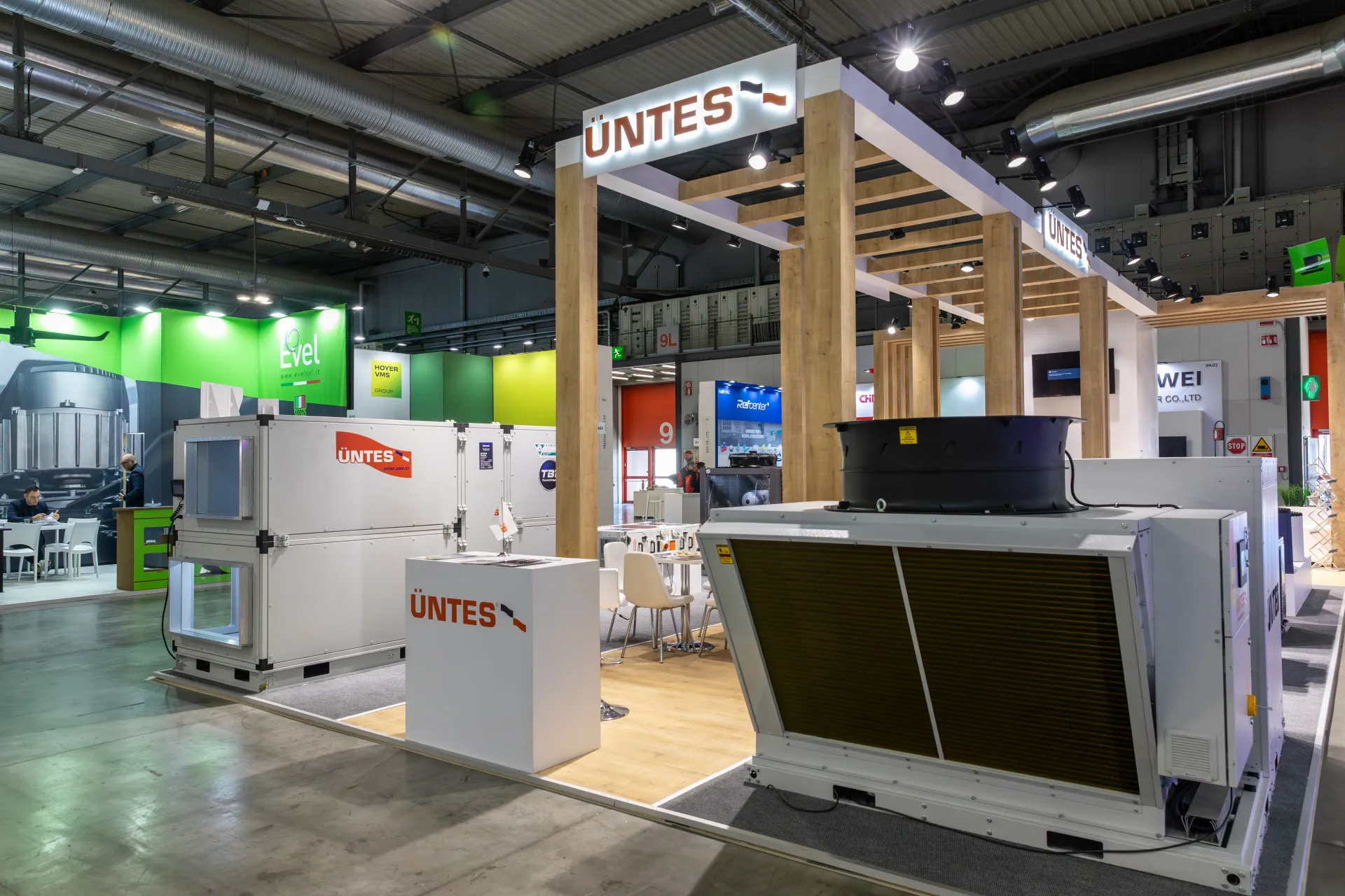 Üntes stand with air handling unit and outdoor unit, Evel stand behind at MCE 2026