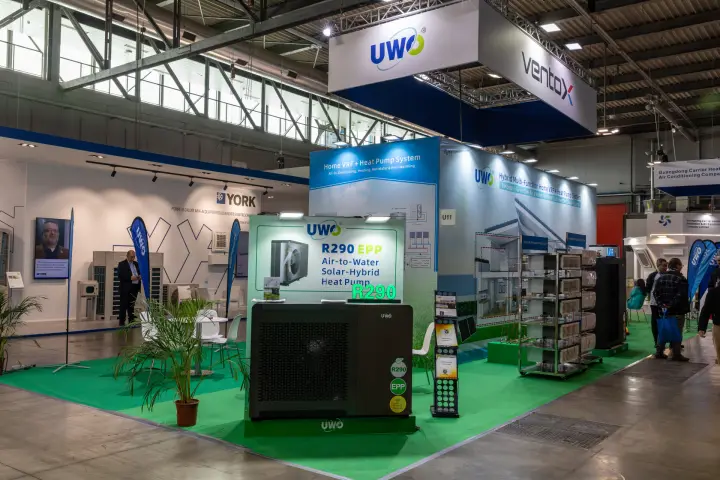 UWO stand with R290 EPP air-to-water solar-hybrid heat pump at MCE 2026