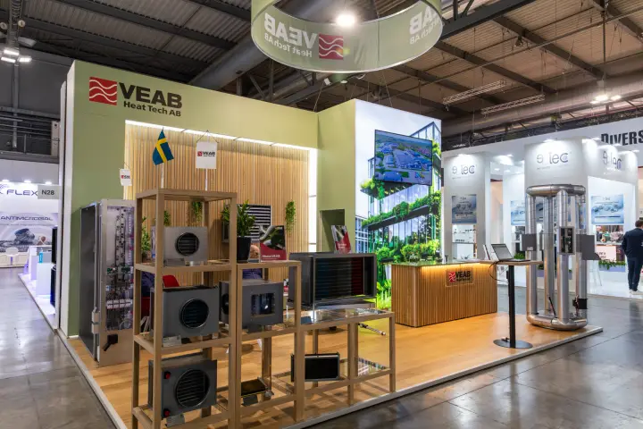 VEAB Heat Tech stand with duct heaters on wooden shelving at MCE 2026