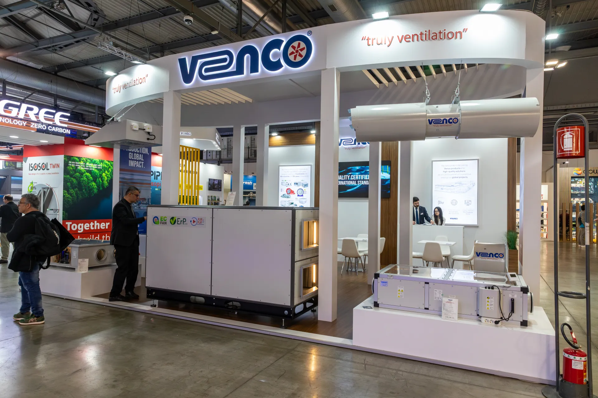 Venco "truly ventilation" stand with air handling unit and suspended duct fan at MCE 2026