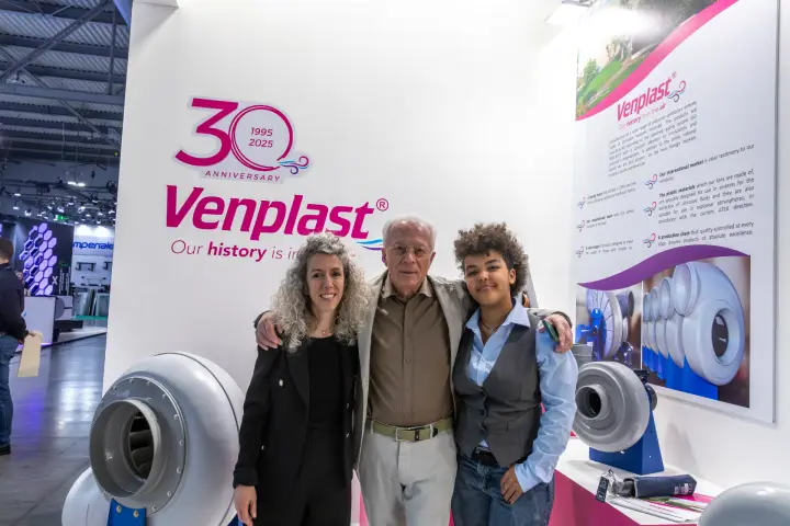 Venplast 30th anniversary wall with fans and company story panel at MCE 2026