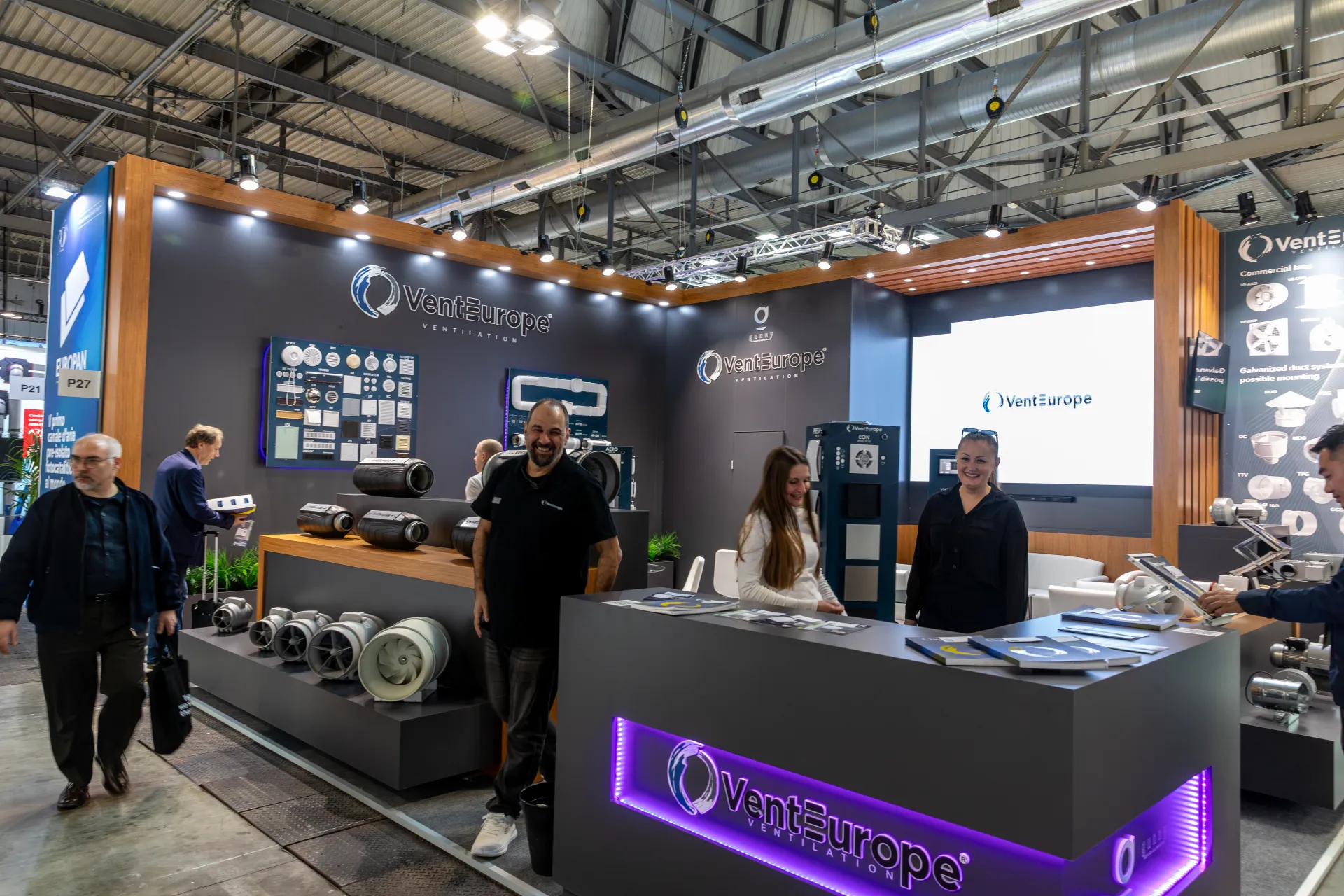 VentEurope corner stand with inline duct fans and purple-lit counter at MCE 2026
