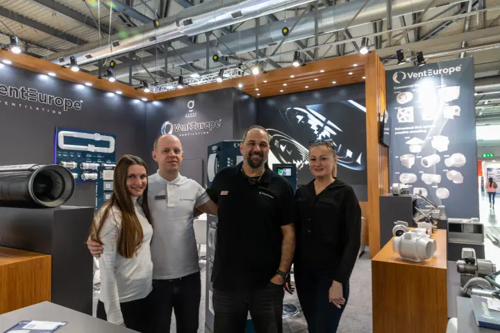 VentEurope team beside commercial fan and galvanized duct display at MCE 2026