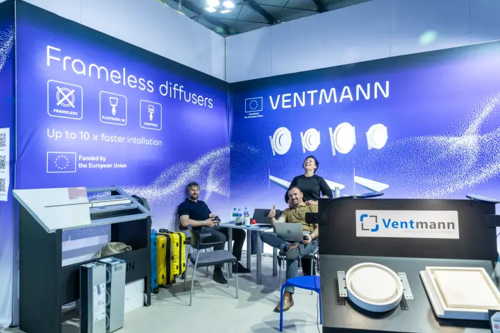 Ventmann diffuser samples and team area on the purple stand at MCE 2026