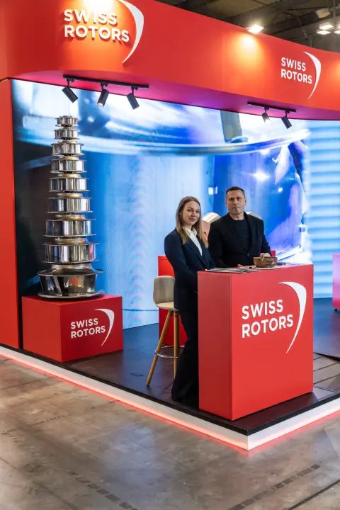 Vertical view of the Swiss Rotors stand corner with impeller tower at MCE 2026