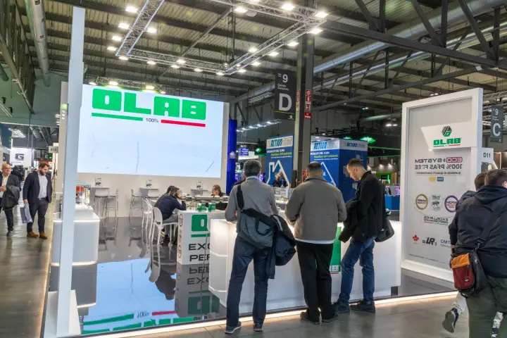 Visitors at the Olab stand in hall 9 near Action Clima at MCE 2026