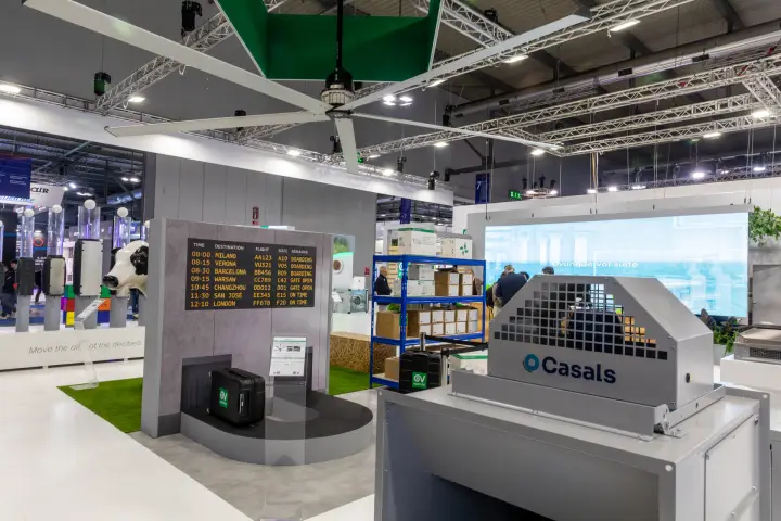 Vortice airport-themed display with departures board and Casals fan unit at MCE 2026