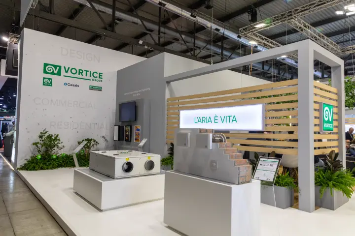 Vortice Group corner with 'L'ARIA È VITA' sign and wall fans in brick section at MCE 2026
