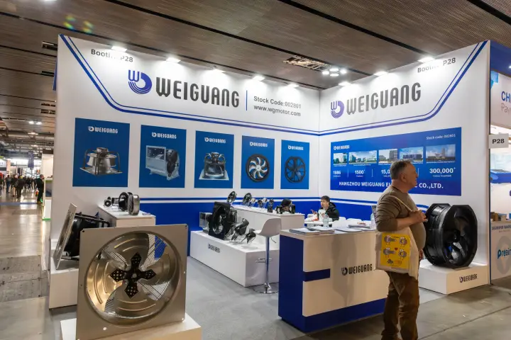 Weiguang corner stand with axial and centrifugal fans at booth P28 at MCE 2026