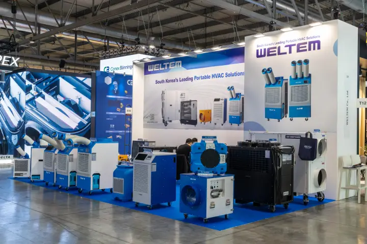 Weltem portable spot coolers and air scrubbers on a blue floor at MCE 2026