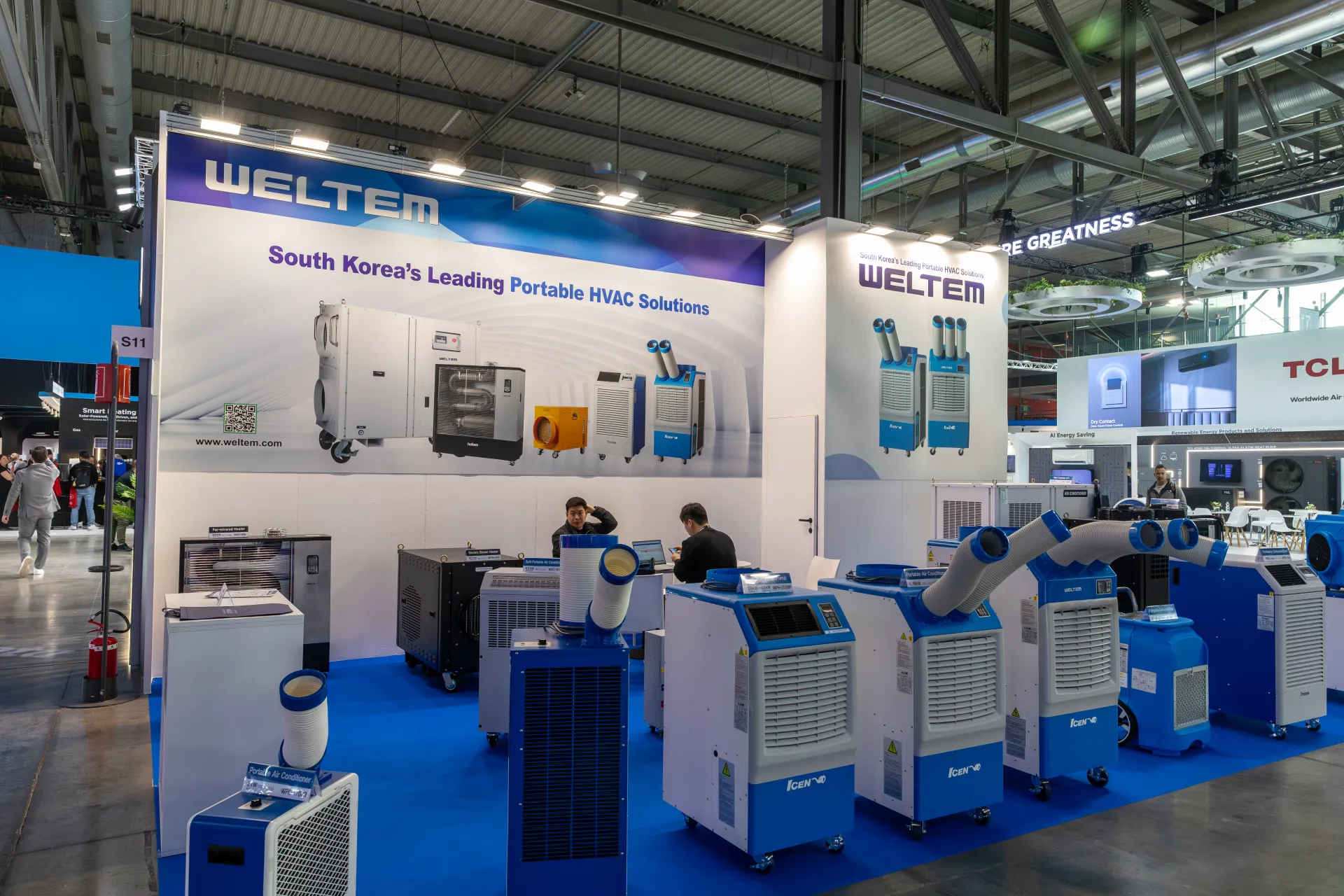 Weltem stand with portable spot coolers and heaters on blue carpet at MCE 2026