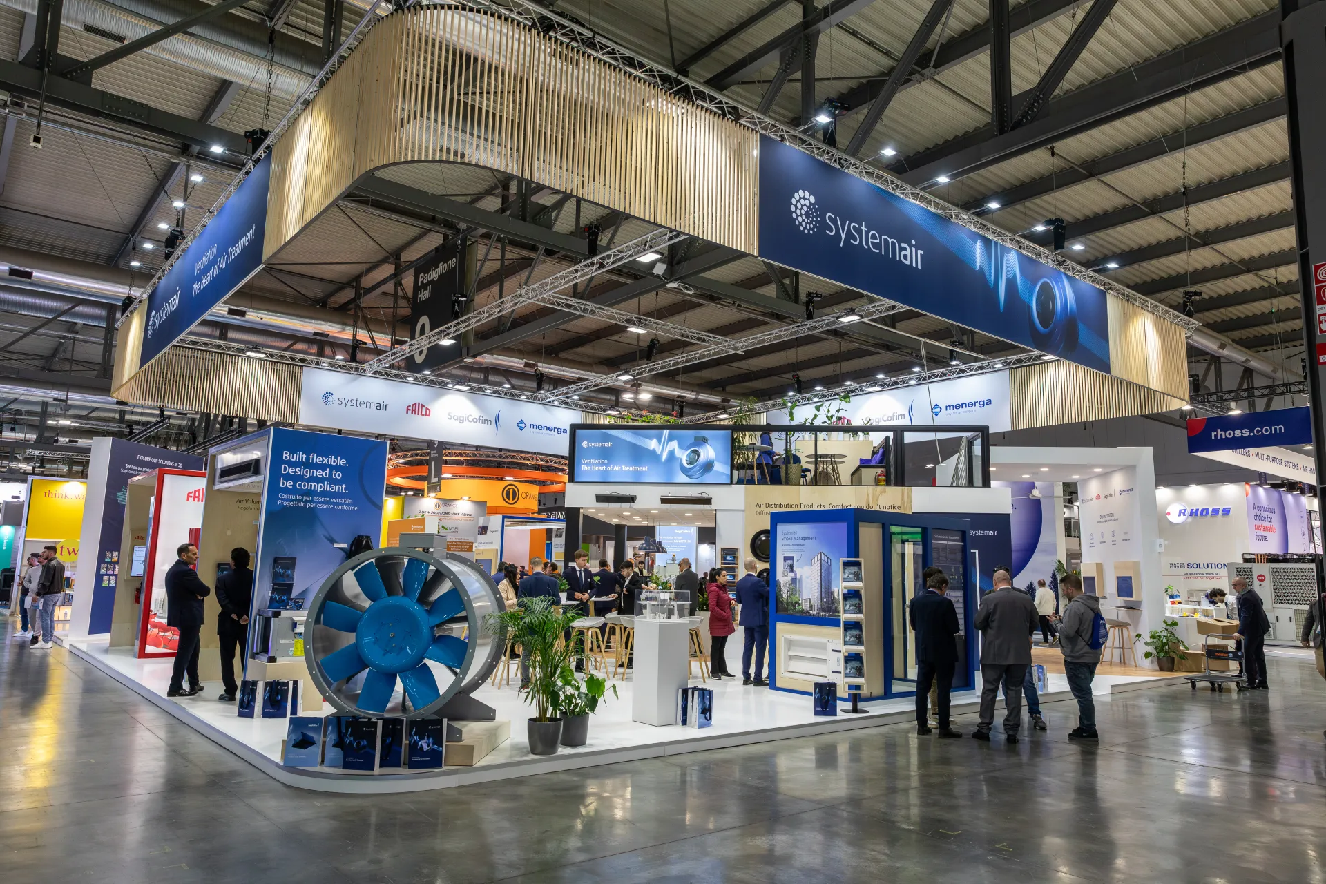 Wide view of the Systemair stand in Hall 9 with Rhoss stand in the background at MCE 2026