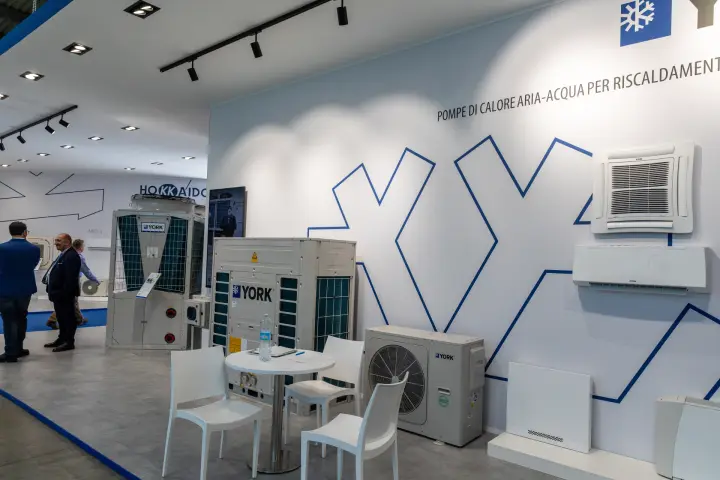 York outdoor units, cassette and split units on a blue-line wall at MCE 2026