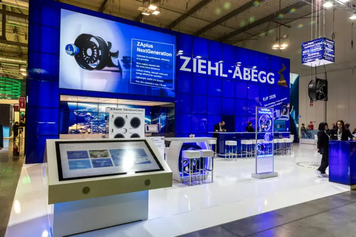 Ziehl-Abegg blue stand with ZAplus NextGeneration screen and touch kiosk