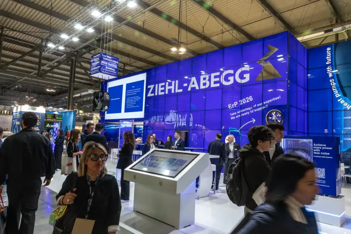 Ziehl-Abegg ErP 2026 LED wall with touchscreen kiosk and bionic fan panel