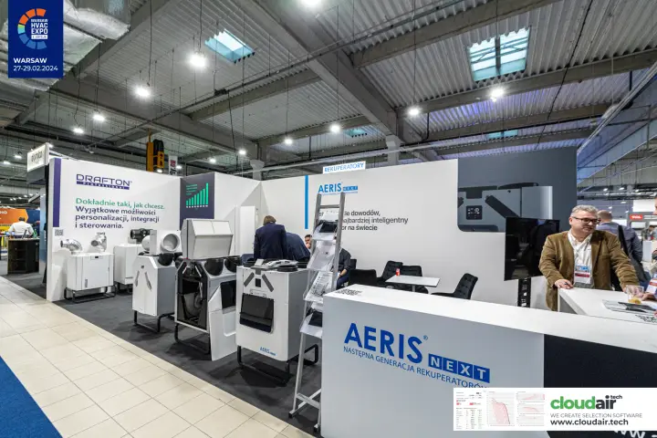Aeris Next and Drafton recuperators on a white stand with a branded counter at Warsaw HVAC Expo 2024
