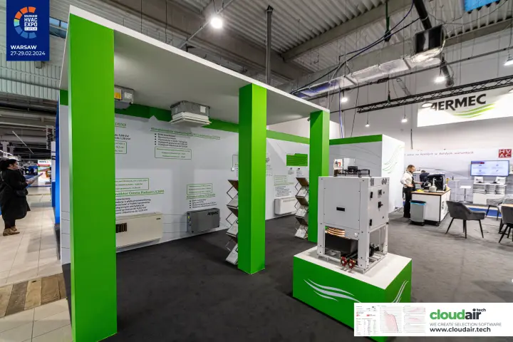 Aermec fan coil section with green portal and compact unit on plinth at Warsaw HVAC Expo 2024
