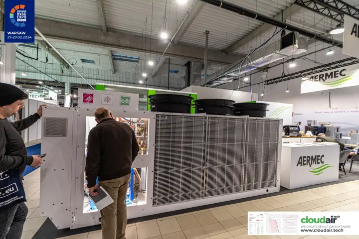Aermec R290 unit with lit open panels and large top-mounted fans at Warsaw HVAC Expo 2024