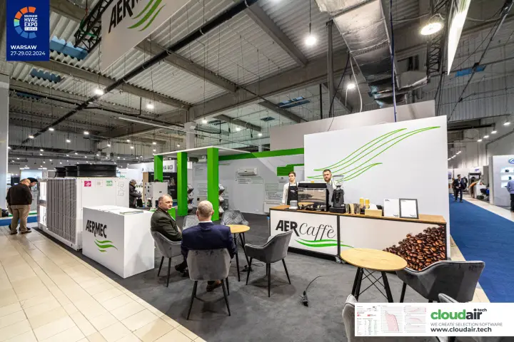 Aermec stand with AERCaffè coffee bar and lounge seating at Warsaw HVAC Expo 2024