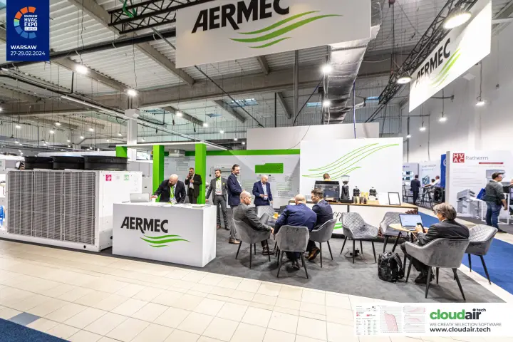 Aermec stand with air-cooled unit, coffee bar and lounge seating at Warsaw HVAC Expo 2024