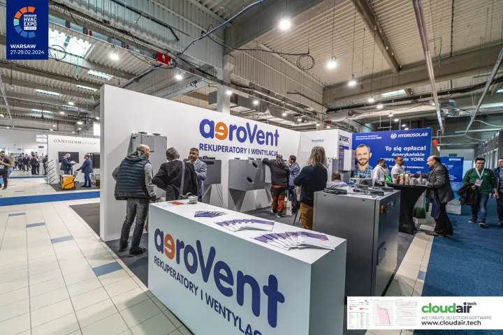 Aerovent stand with wall-mounted heat recovery units and branded counter at Warsaw HVAC Expo 2024