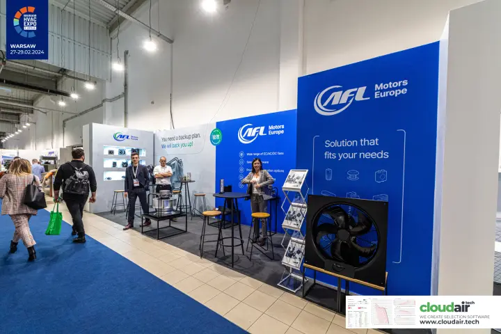 AFL Motors Europe stand with axial fan and EC/AC/DC fan range