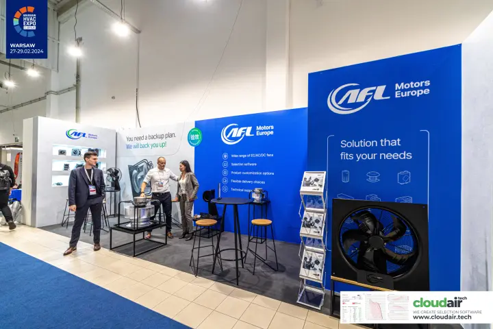 AFL Motors Europe stand listing EC/AC/DC fans and selection software
