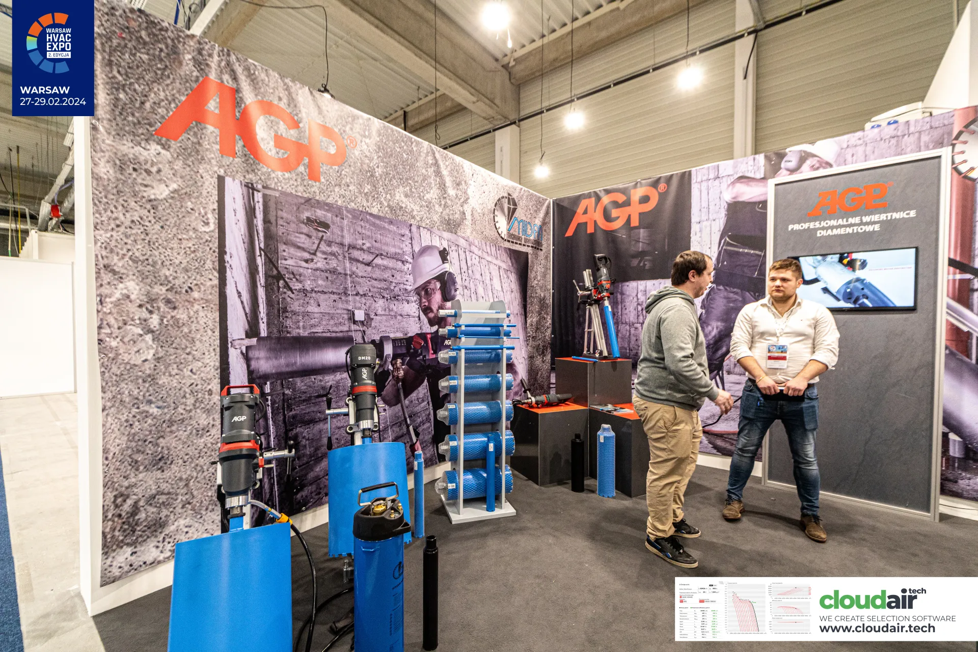 AGP stand with diamond core drill rigs and blue core bits at Warsaw HVAC Expo 2024