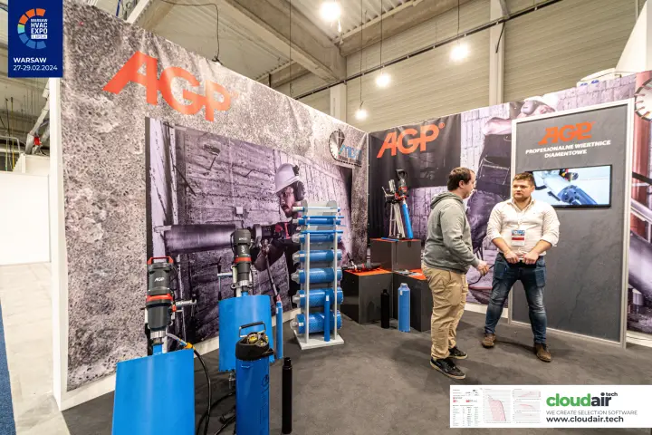 AGP stand with diamond core drill rigs and blue core bits at Warsaw HVAC Expo 2024