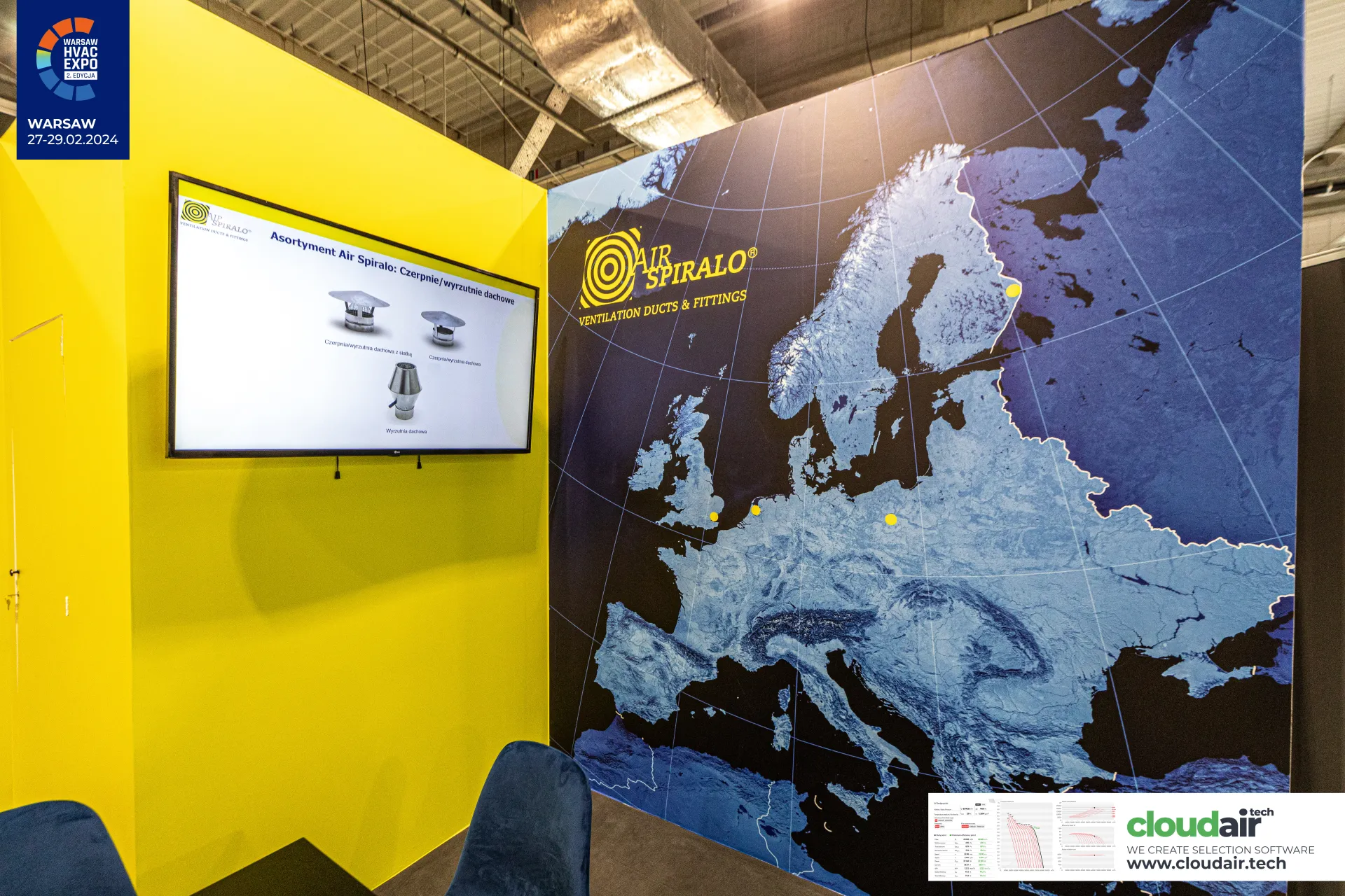 Air Spiralo screen showing roof cowls beside a Europe map wall at Warsaw HVAC Expo 2024
