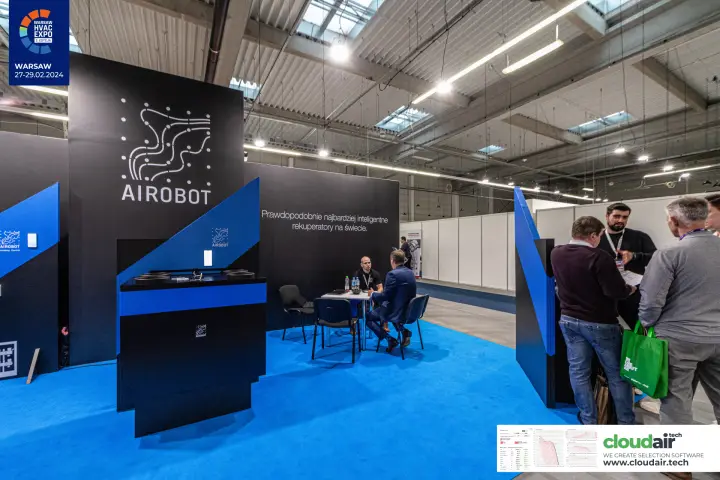 Airobot stand with recuperator display and meeting table under its slogan at Warsaw HVAC Expo 2024