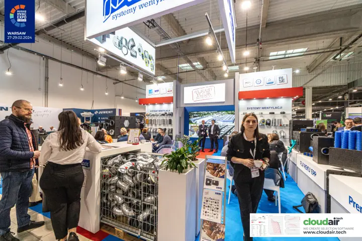 Alnor counter with a wire cage of galvanised duct fittings at Warsaw HVAC Expo 2024
