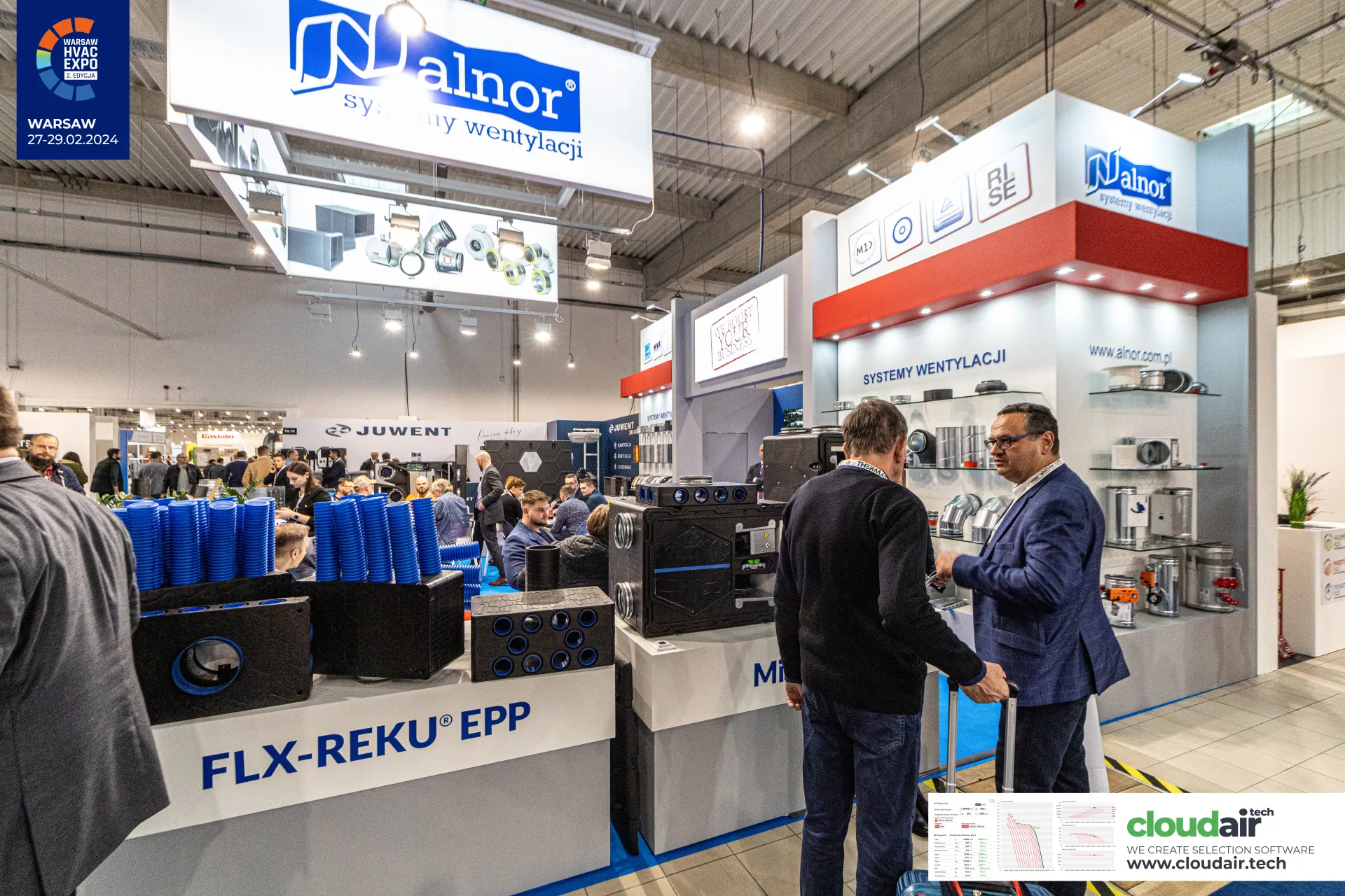 Alnor stand with FLX-REKU EPP distribution boxes and spiral duct fittings at Warsaw HVAC Expo 2024
